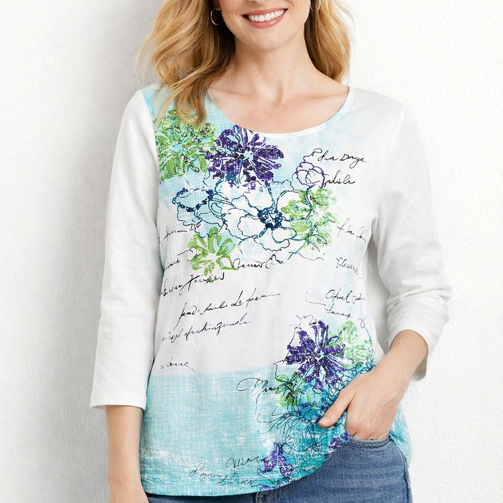 Ruby Rd Petite Embellished Floral Script Top Teal White Stretch 3/4 Sleeve